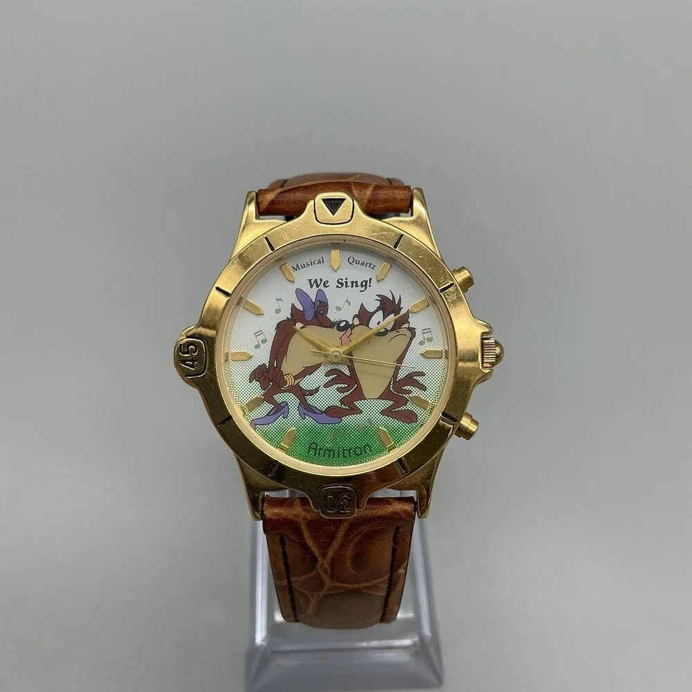 Vintage Armitron We Sing Mens Watch 36mm Taz Musical Dial Gold Tone New Battery